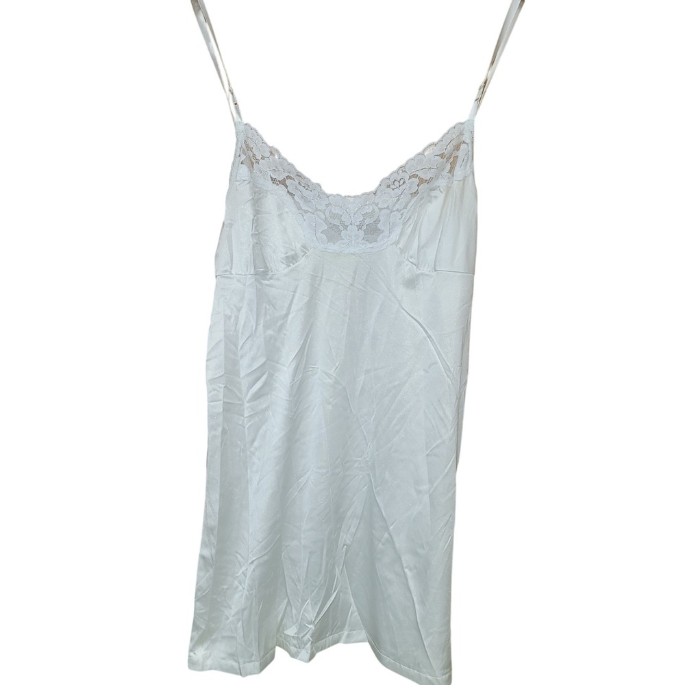 VINTAGE Vassarette Womens White Satin Lace Trim Chemise Slip Dress Coquette Sz L